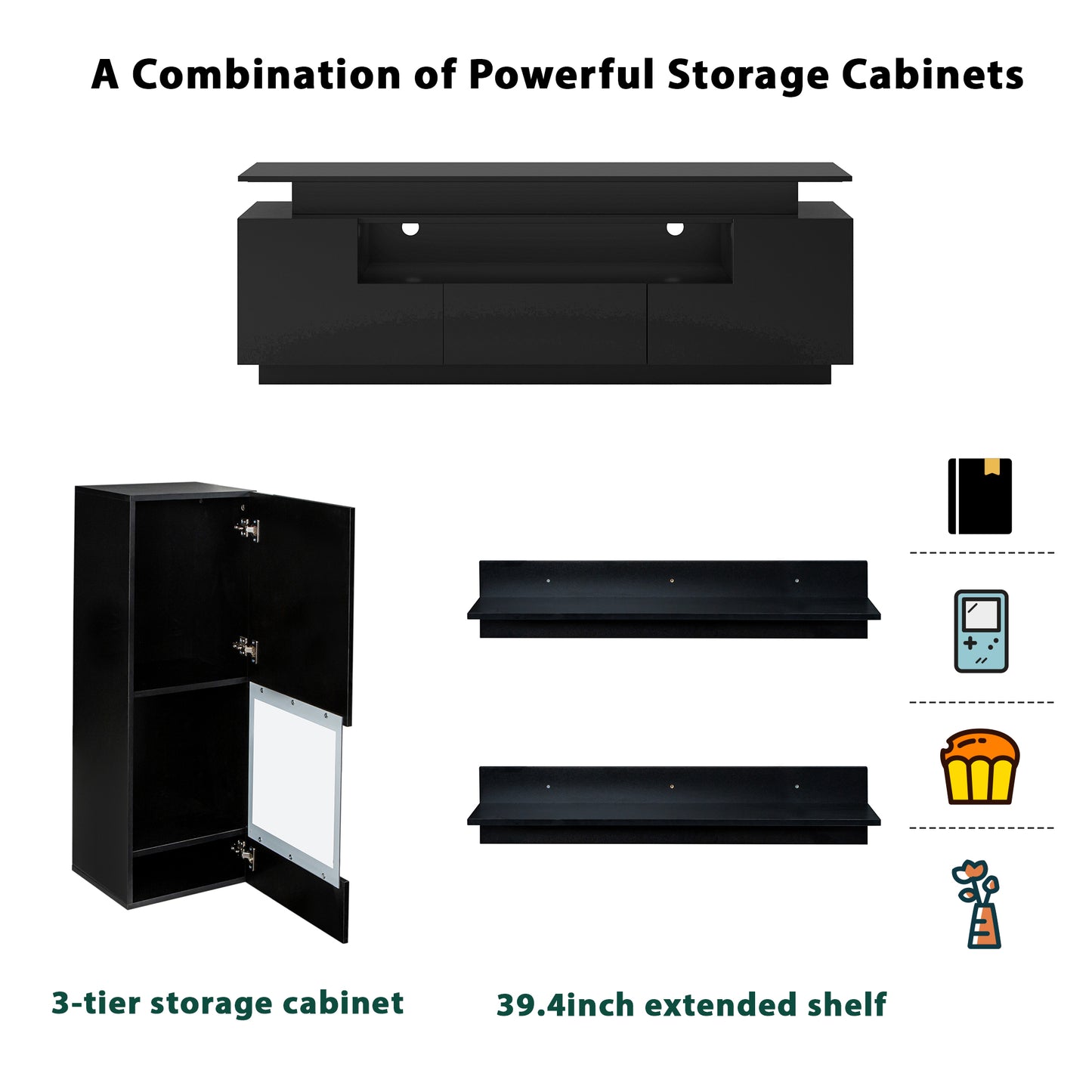 5-Piece Modern Black Floating TV Stand Set with LED Lights