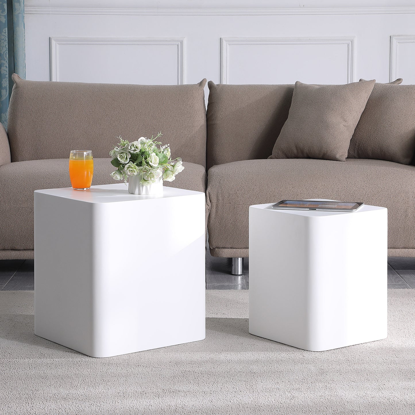 Modern White MDF Nesting Tables Set of 2 for Living Room, Office, and Bedroom