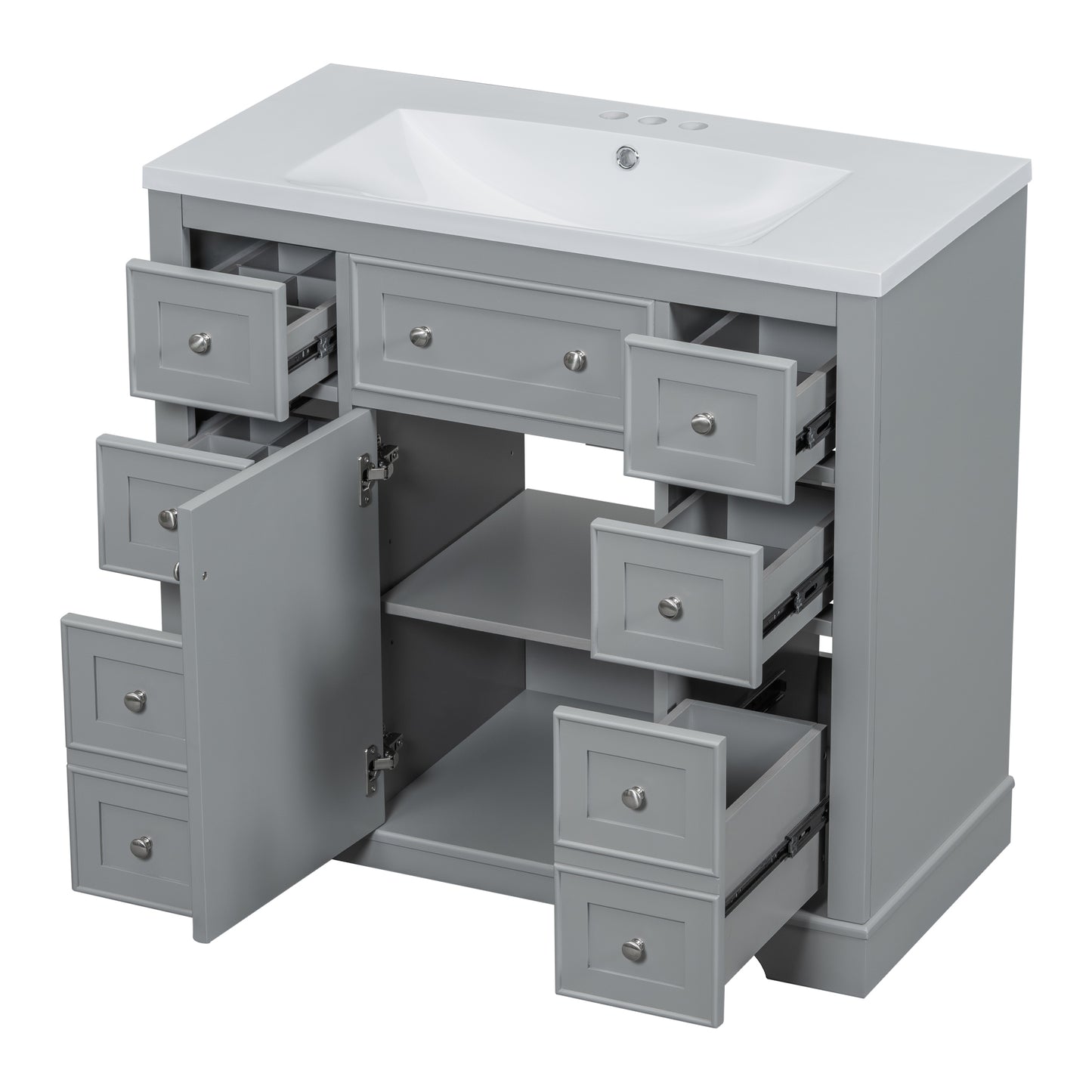 36" Bathroom Vanity with Sink Combo, One Cabinet and Six Drawers, Solid Wood and MDF Board, Grey