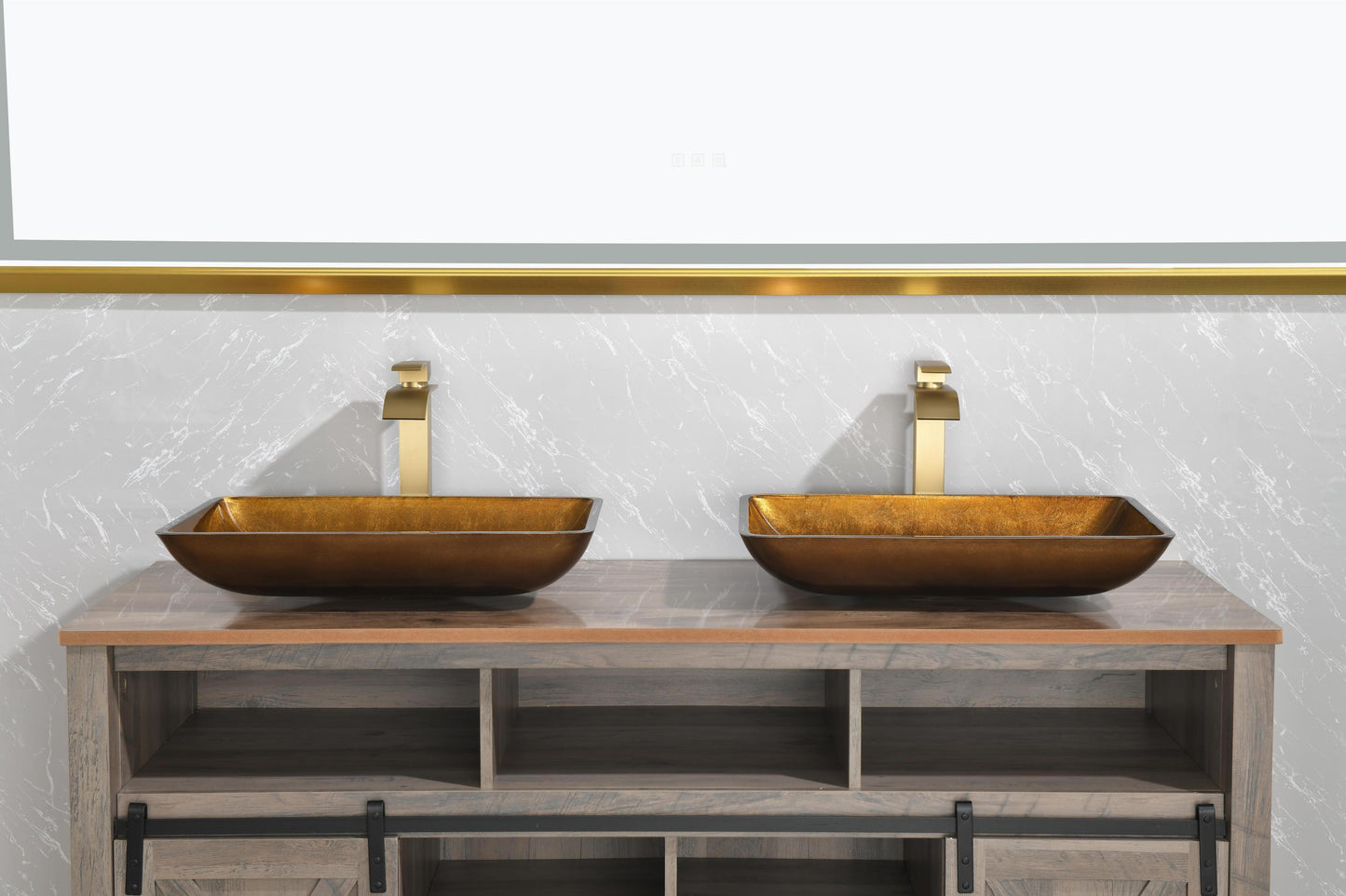 Gold Glass Rectangular Vessel Bathroom Sink Set with Faucet and Pop-Up Drain