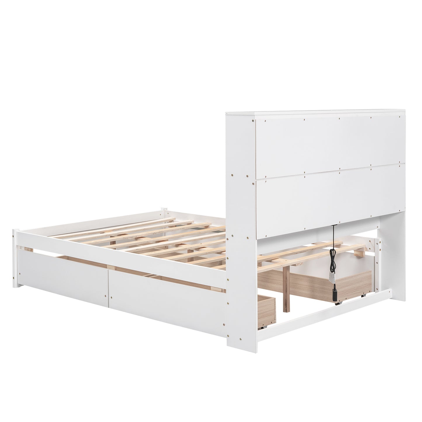 Full Size Platform Bed with Storage Headboard, Charging Station and 4 Drawers, White