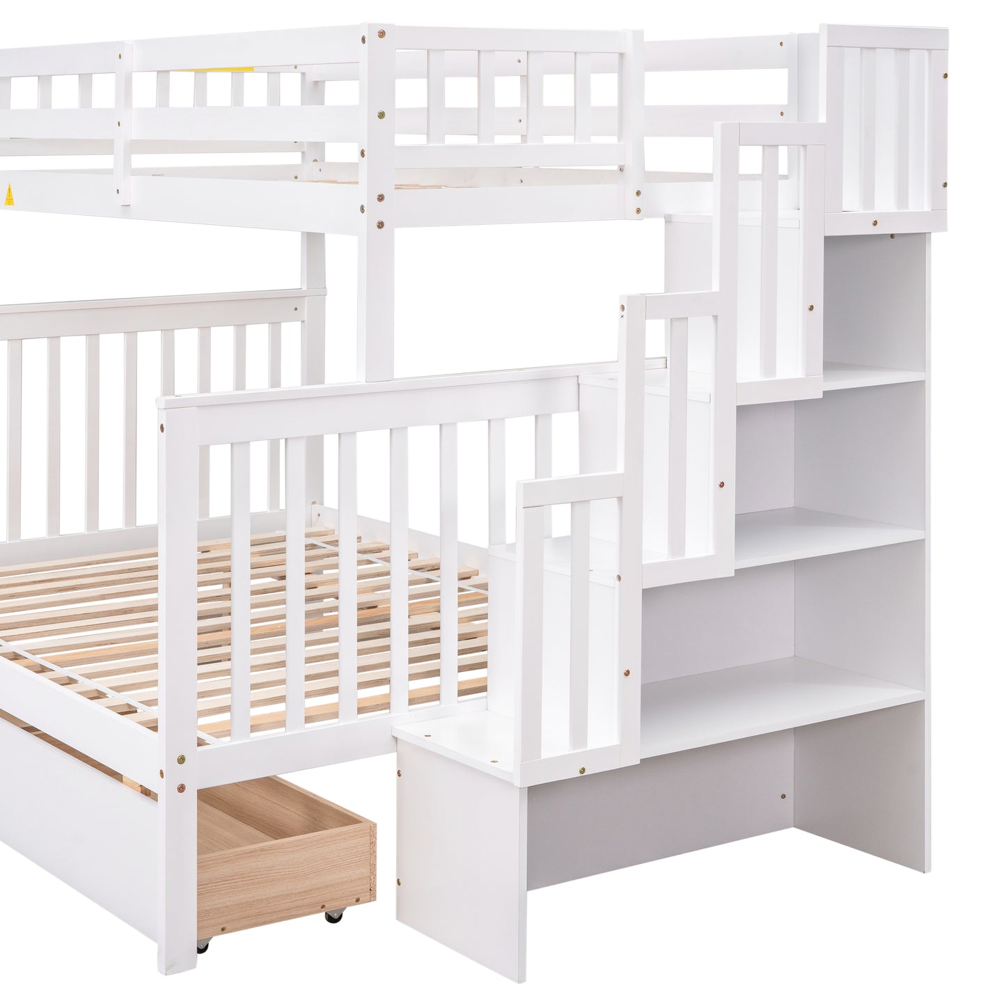 Convertible Twin Over Full Bunk Bed with Staircase and Drawers - White Wood Twin-Size Loft Bed