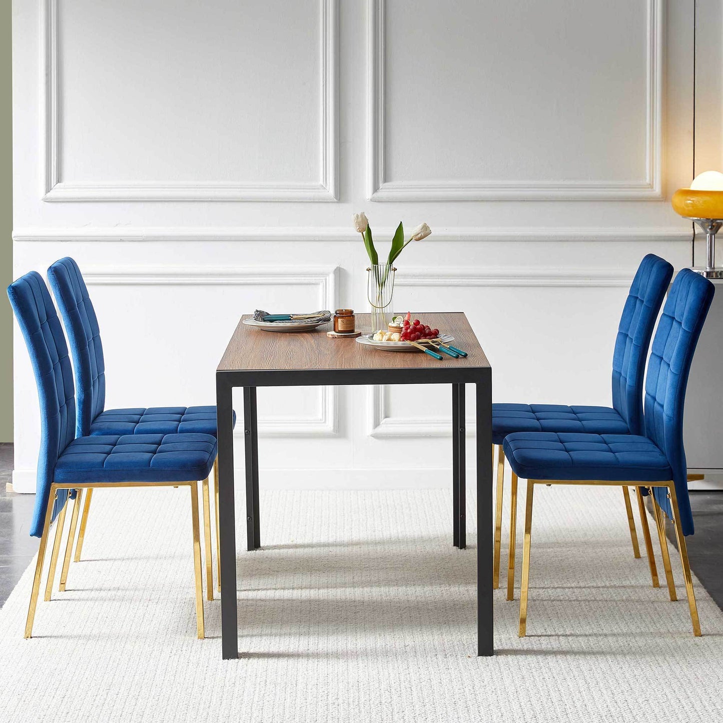 5-Piece Dining Set Including Blue Velvet High Back Golden Color Legs Nordic Dining Chair & Creative Design MDF Dining Table