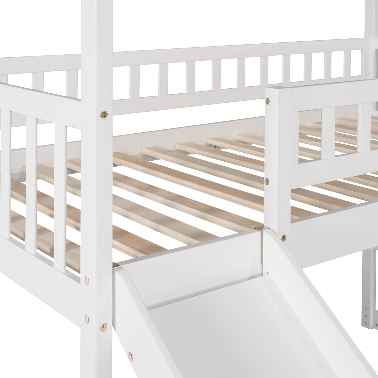 Twin Loft Bed with Two Drawers and Slide, House Bed with Slide, White