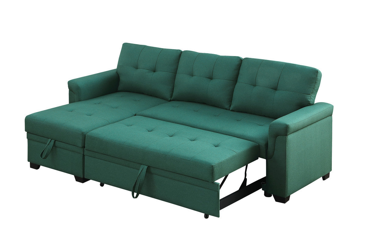 Lucca Emerald Linen Reversible Sleeper Sectional Sofa with Storage Chaise