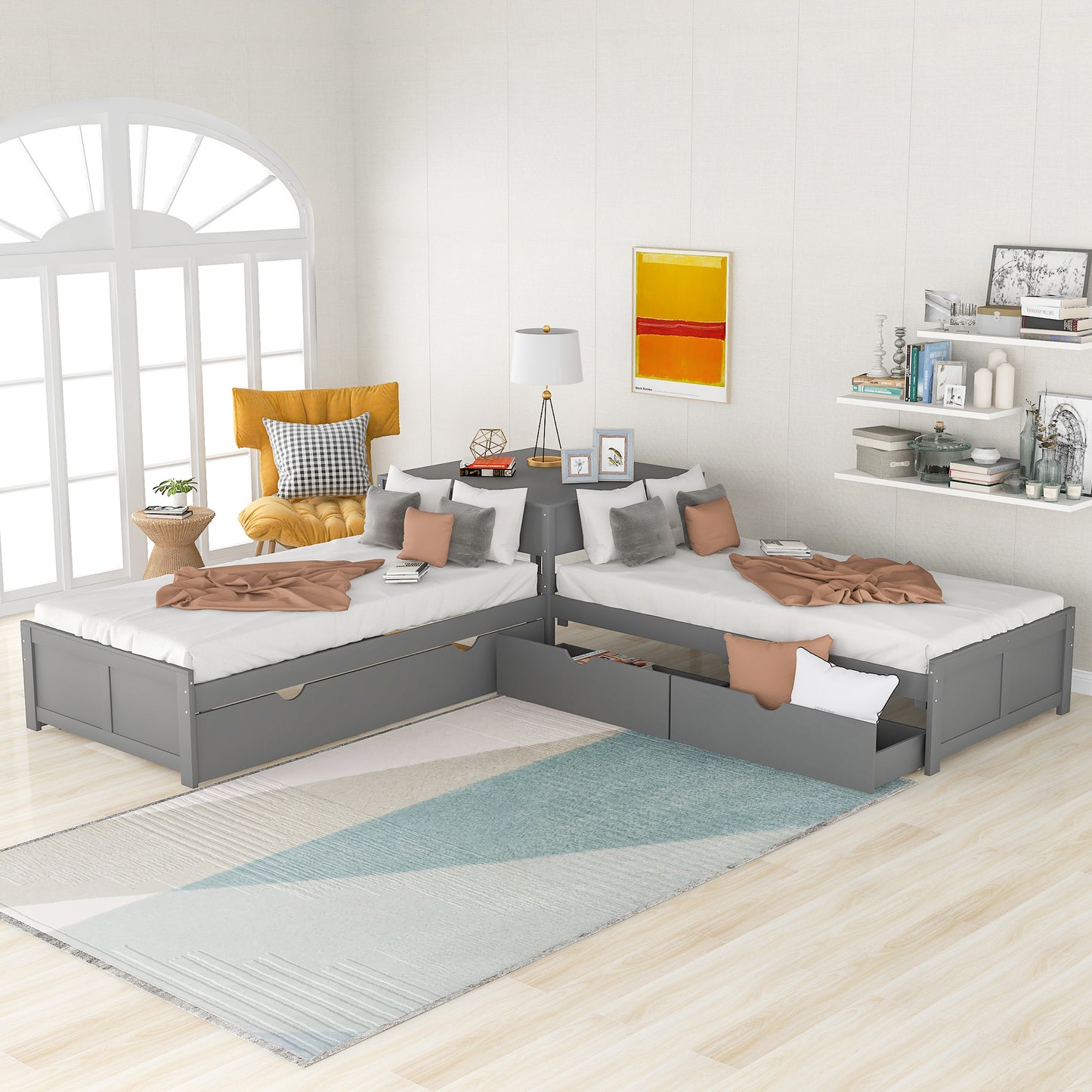 L-shaped Platform Bed with Trundle and Drawers Linked with built-in Desk,Twin,Gray