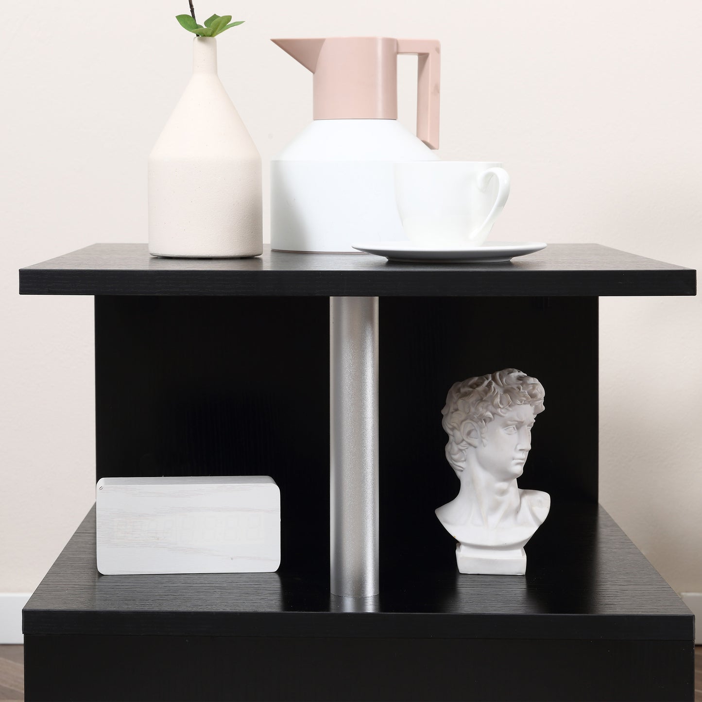 Black S-Shaped Modern Accent Table with Storage Shelf