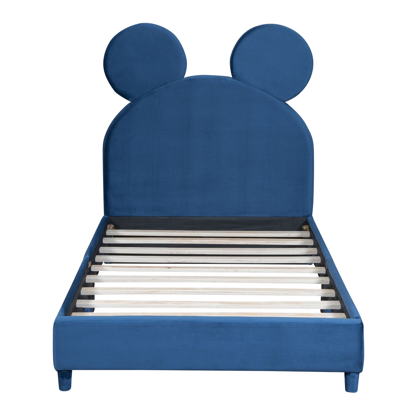 Twin Size Upholstered Platform Bed with Bear Ear Shaped Headboard, Blue