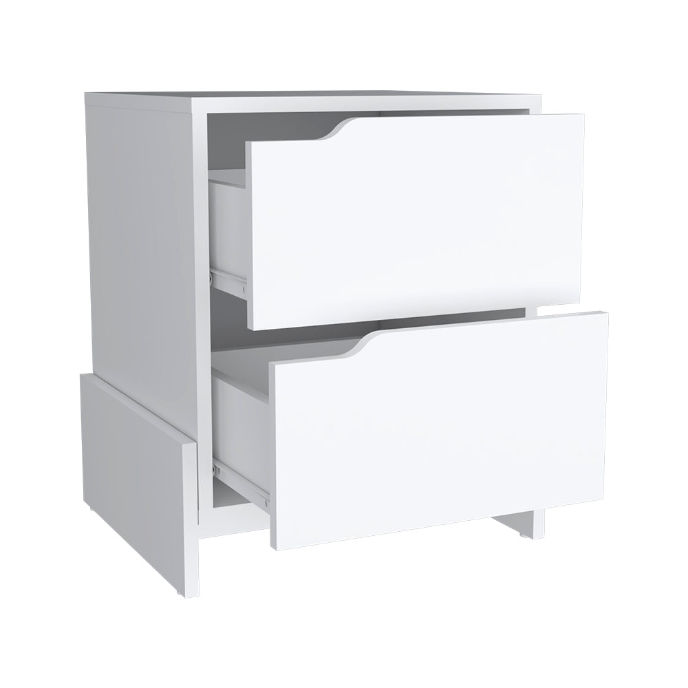 Nightstand Brookland, Bedside Table with Double Drawers and Sturdy Base, White Finish