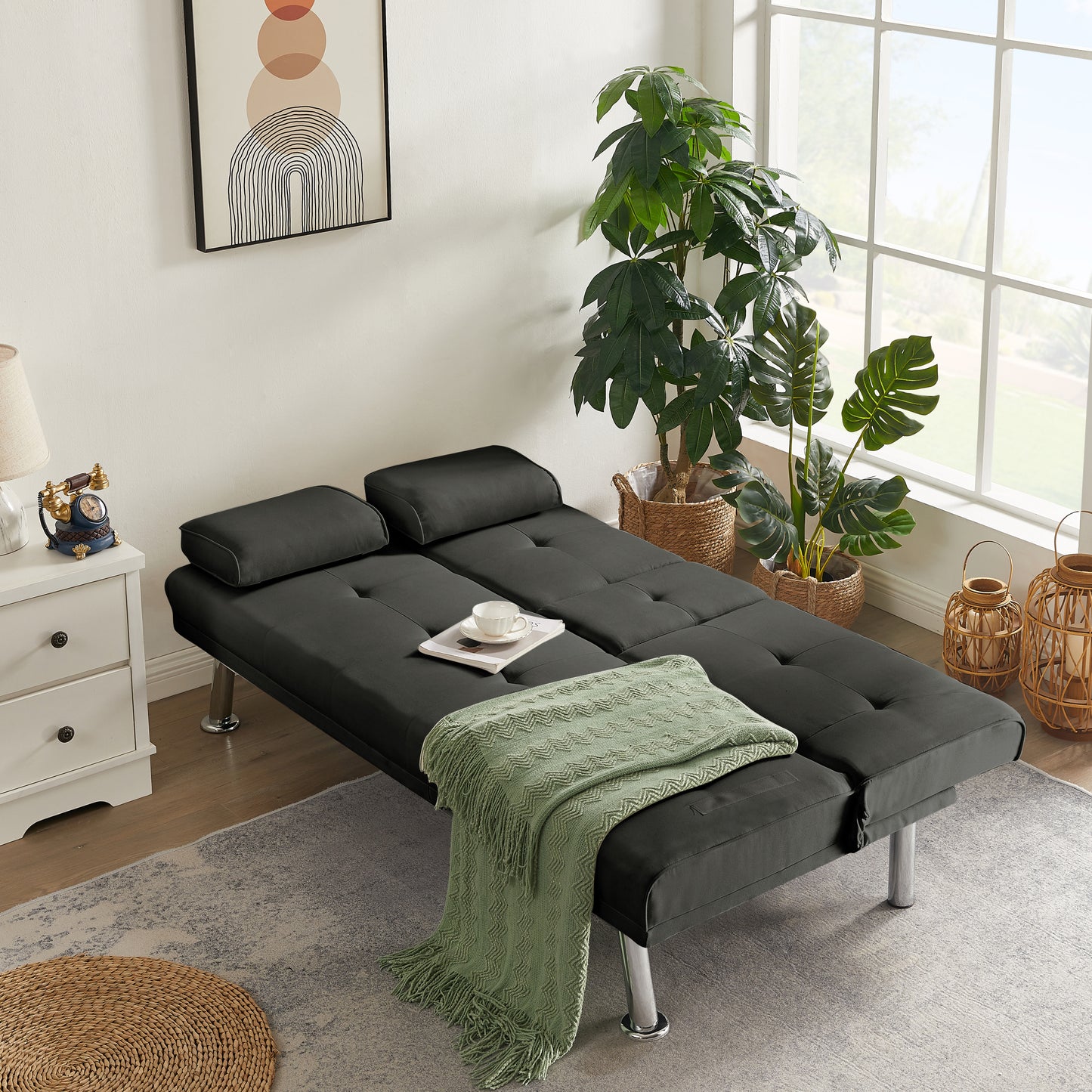 Modern Fabric Upholstered Futon Sofa Bed with Cupholders and Adjustable Positions