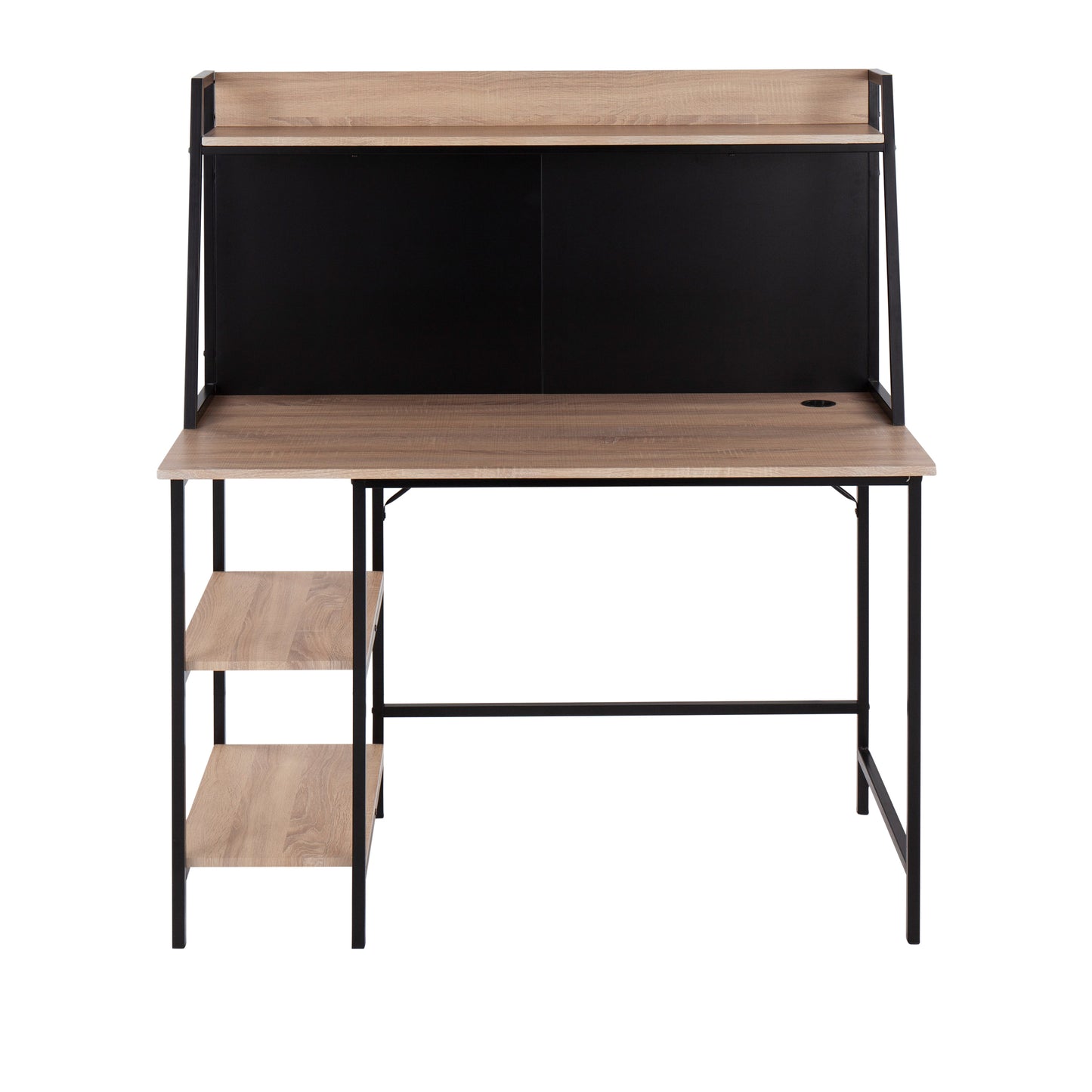 Elegant Black Steel and Wood Desk with Shelves for a Chic Workspace