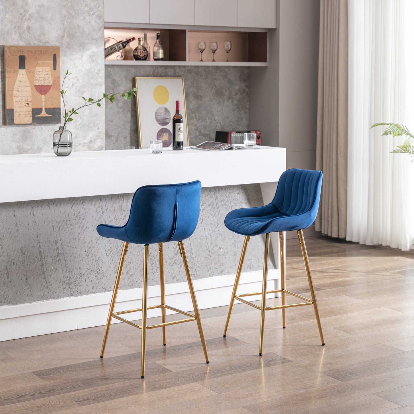 26 Inch Set of 2 Bar Stools,with Steel Frame Footrest Velvet Fabric Golden Leg Simple Bar Stool,BLUE