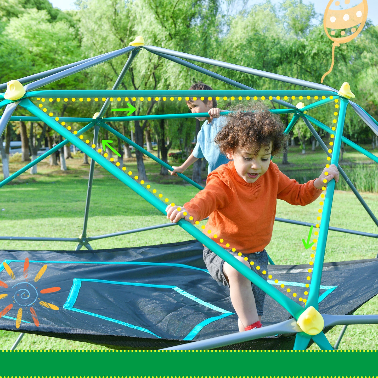 13ft Geometric Dome Climber Play Center with Hammock for Kids, Rust & UV Resistant Steel, Supporting 1000 LBS