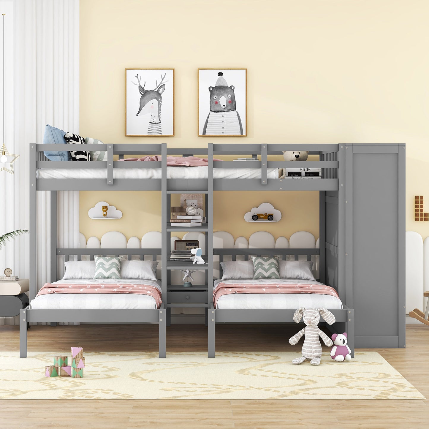 Gray Twin-Twin over Full Bunk Bed with Shelves, Wardrobe, Mirror