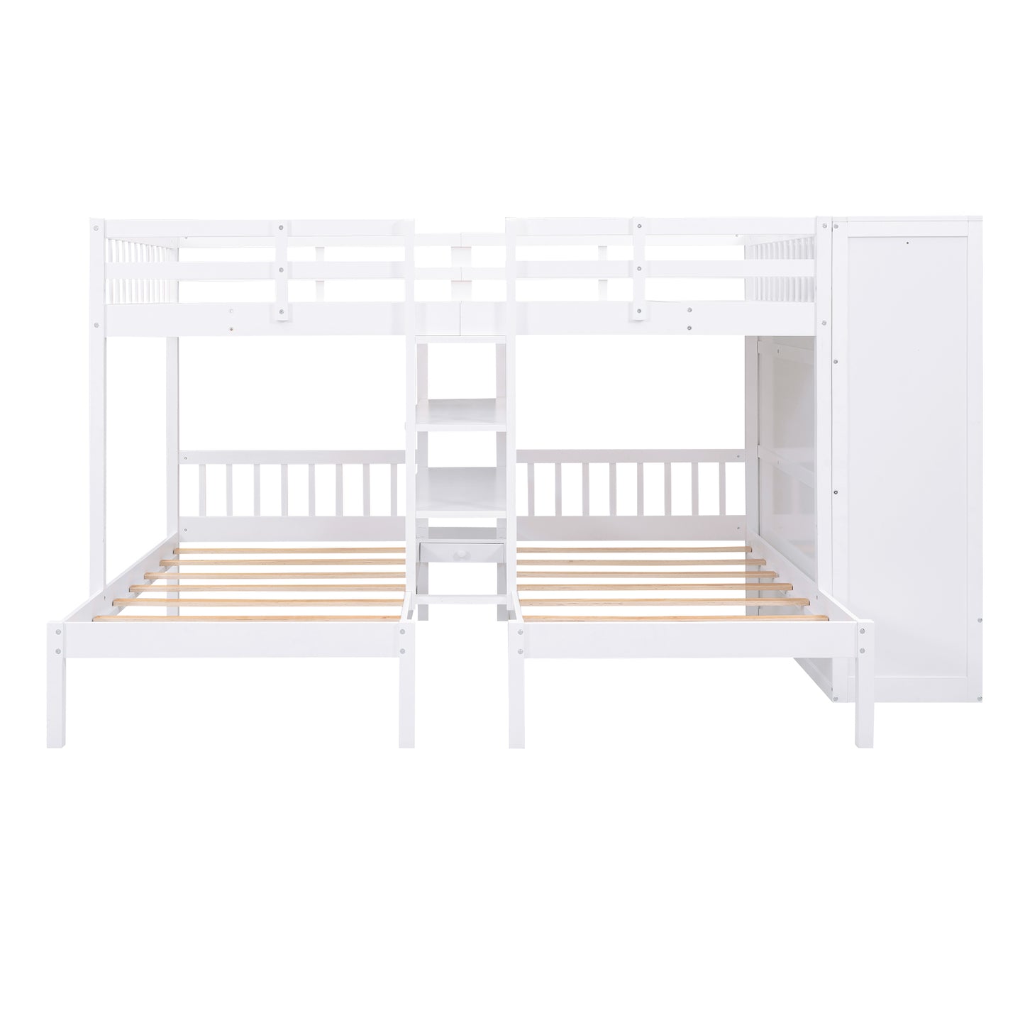 Triple Bunk Bed with Shelves, Wardrobe, and Mirror in White - Space-Saving Family Bunk Bed