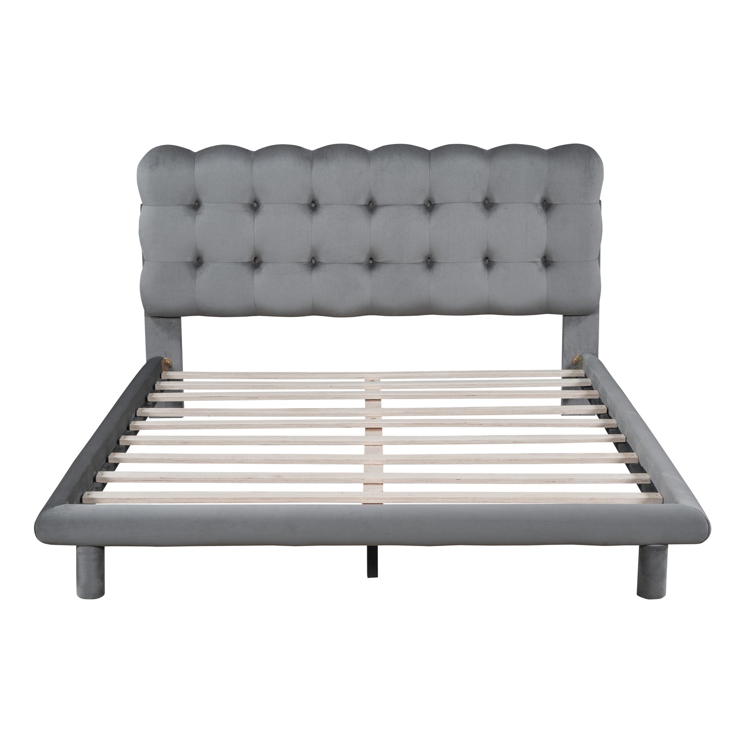 Queen Size Velvet Platform Bed with LED Frame, Thick & Soft Fabric and Button-tufted Design Headboard, Gray