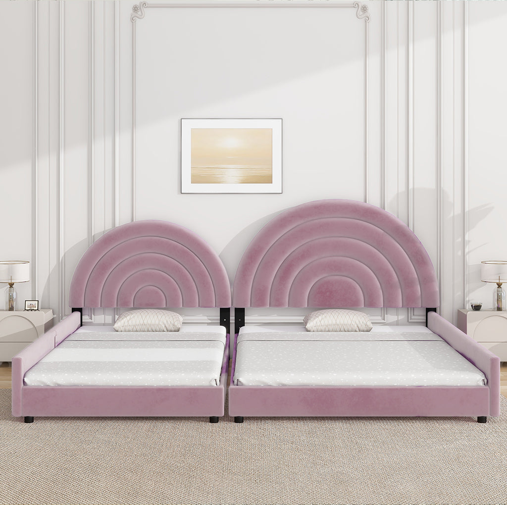 Twin+Full Upholstered Platform Bed Set with Semicircular Headboard, Pink