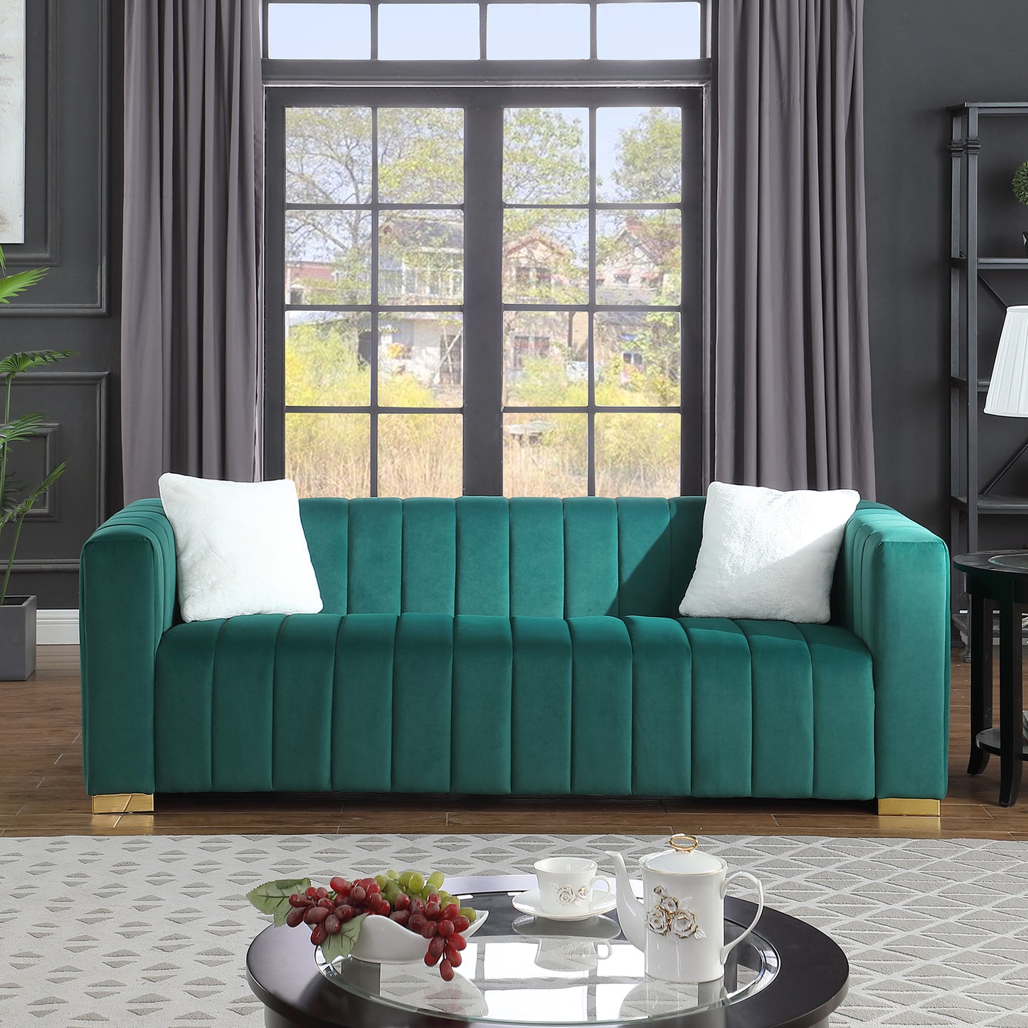 Chesterfield Inspired Dark Green Velvet Sofa Set with 3 Seater and Loveseat