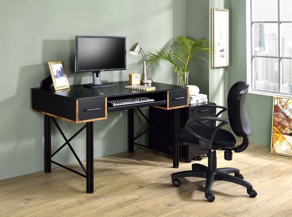 Black Finish Industrial Style Computer Desk with Storage Drawers