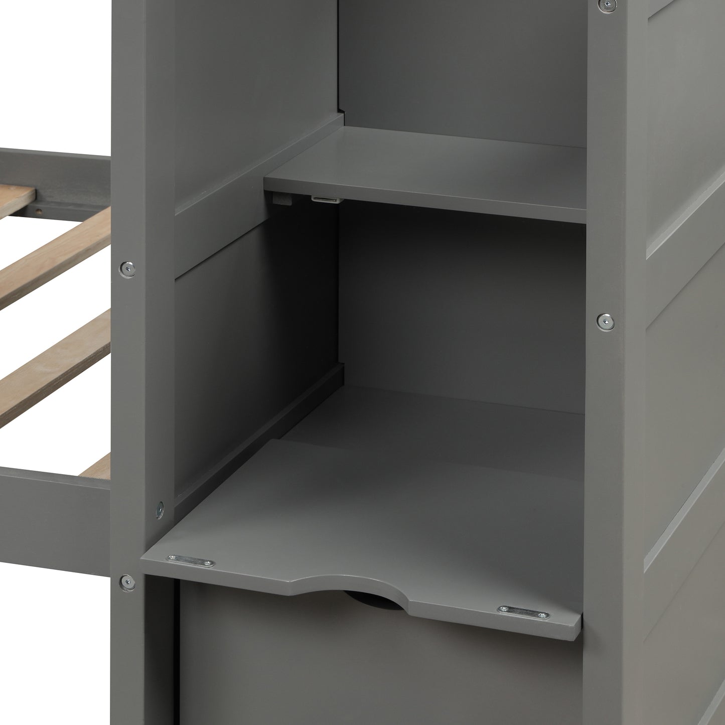 Storage Solution Gray Twin over Full Bunk Bed with Shelves and Drawers