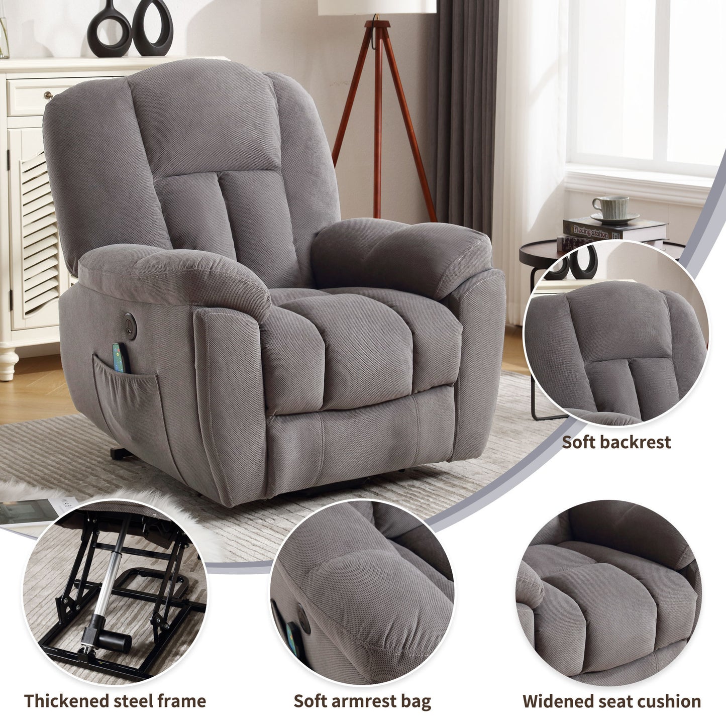 Electric Power Lift Recliner Chair with Heat and Massage - Grey