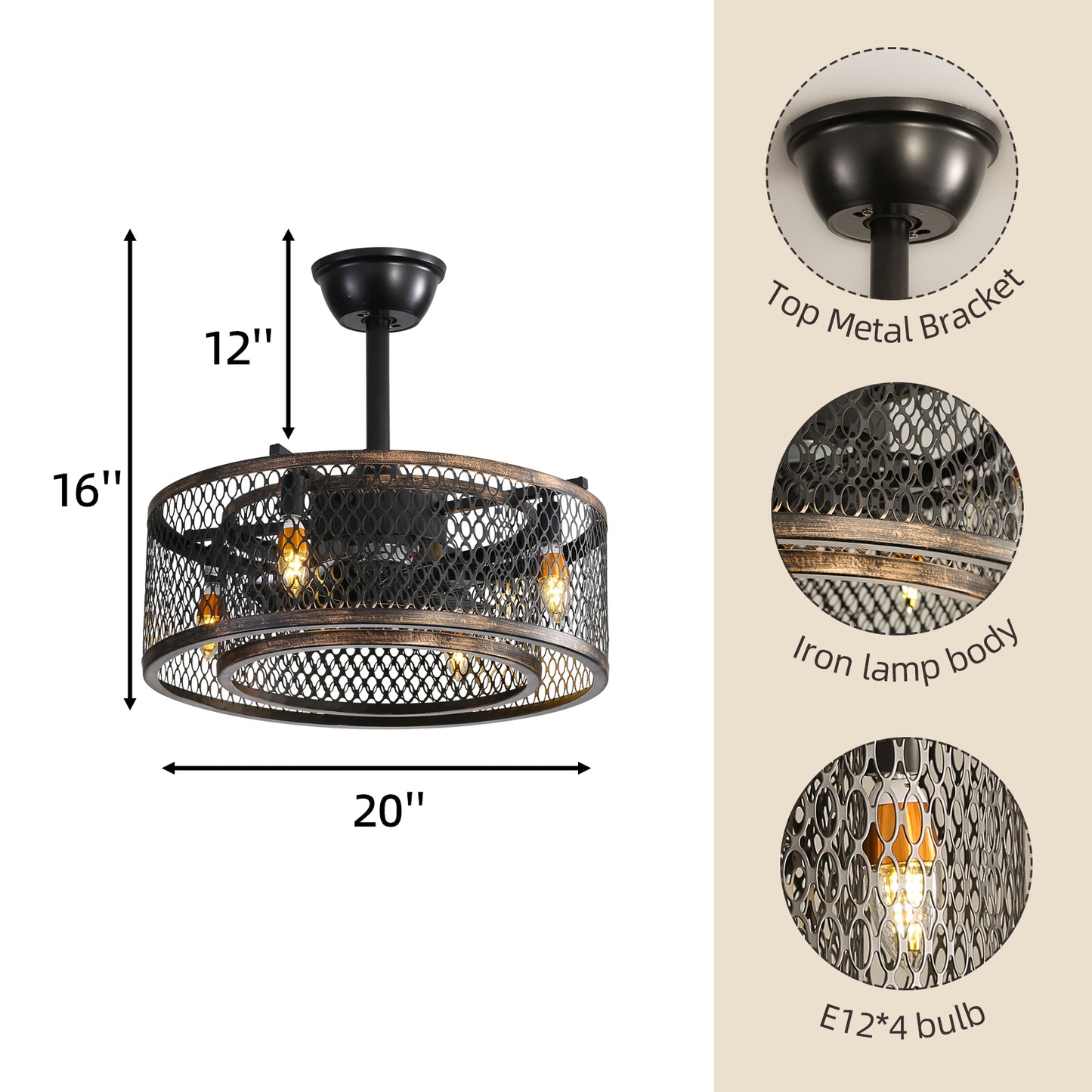 Caged Ceiling Fan with Lights and Remote Control - 20 inch