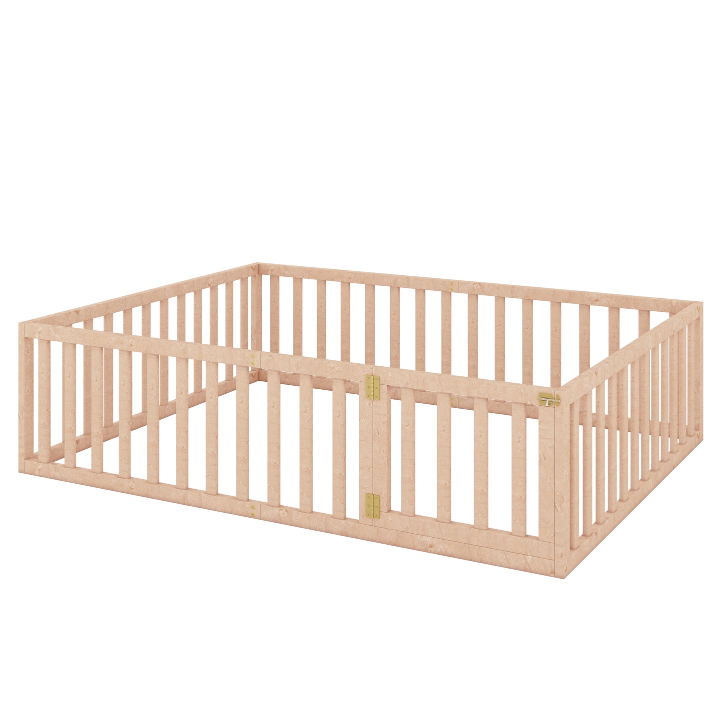 Queen Size Wood Floor Bed Frame with Fence and Door, Natural