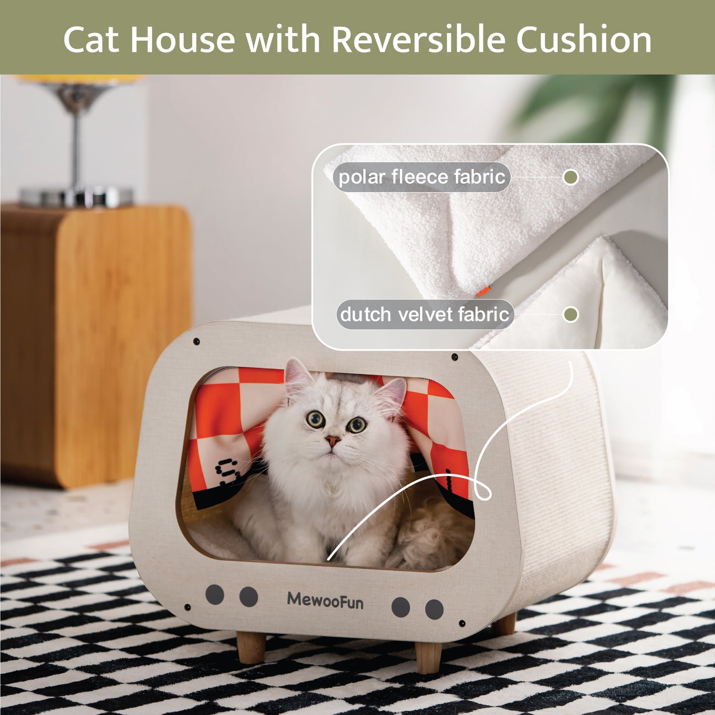 Classic Wooden TV-Shaped Cat Bed, Cat House with Cushion, White