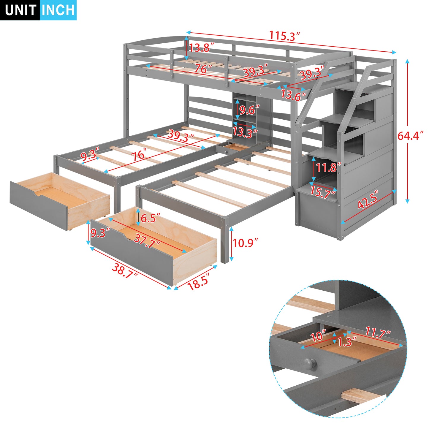 Gray Triple Bunk Bed with Storage Drawers, Staircase, and Built-in Shelves