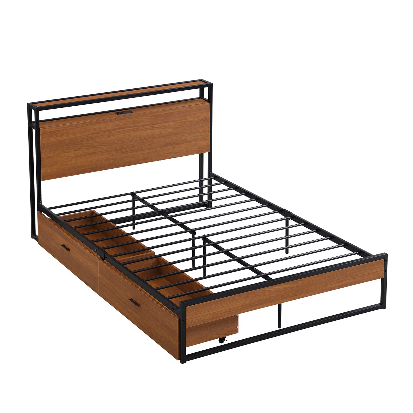 Full Size Metal Platform Bed Frame with  Two Drawers,Sockets and USB Ports ,Slat Support No Box Spring Needed Black