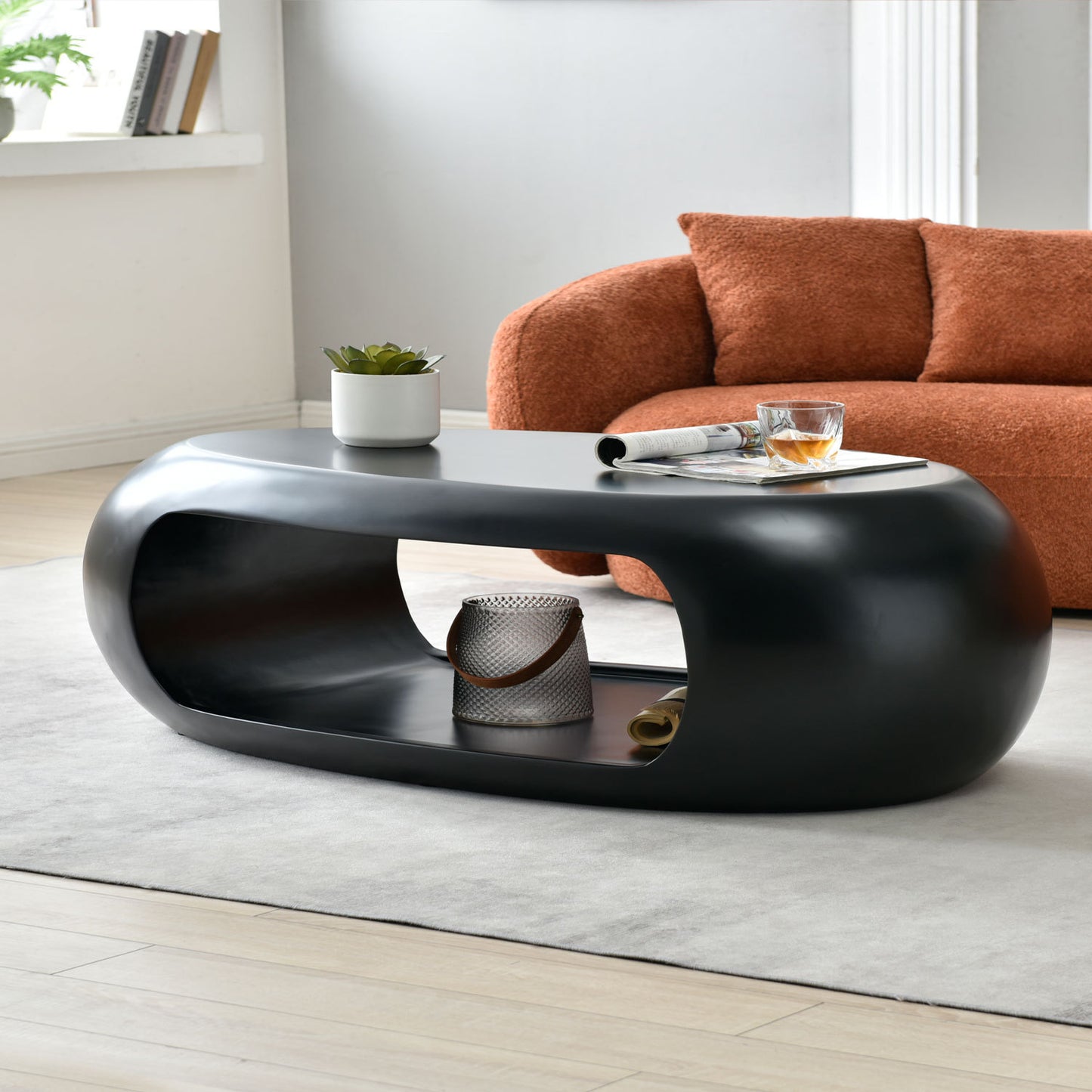 Modern Oval Coffee Table in Black Fiberglass - No Assembly Needed