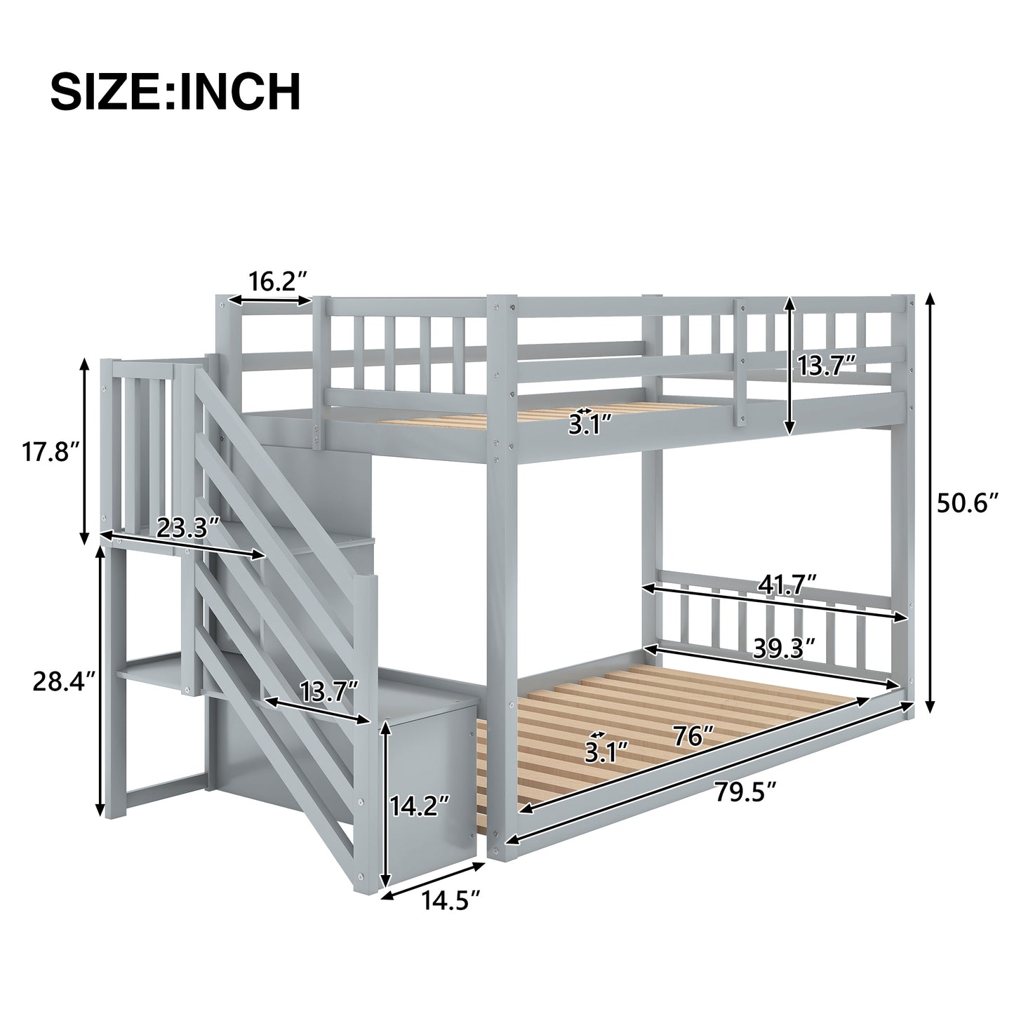 Gray Twin Bunk Bed with Built-in Storage Ladder for Kids