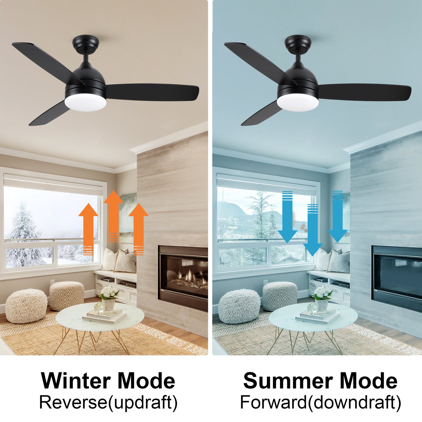 48-inch Smart Black Ceiling Fan with Remote Control, LED Light, and Plywood Blades