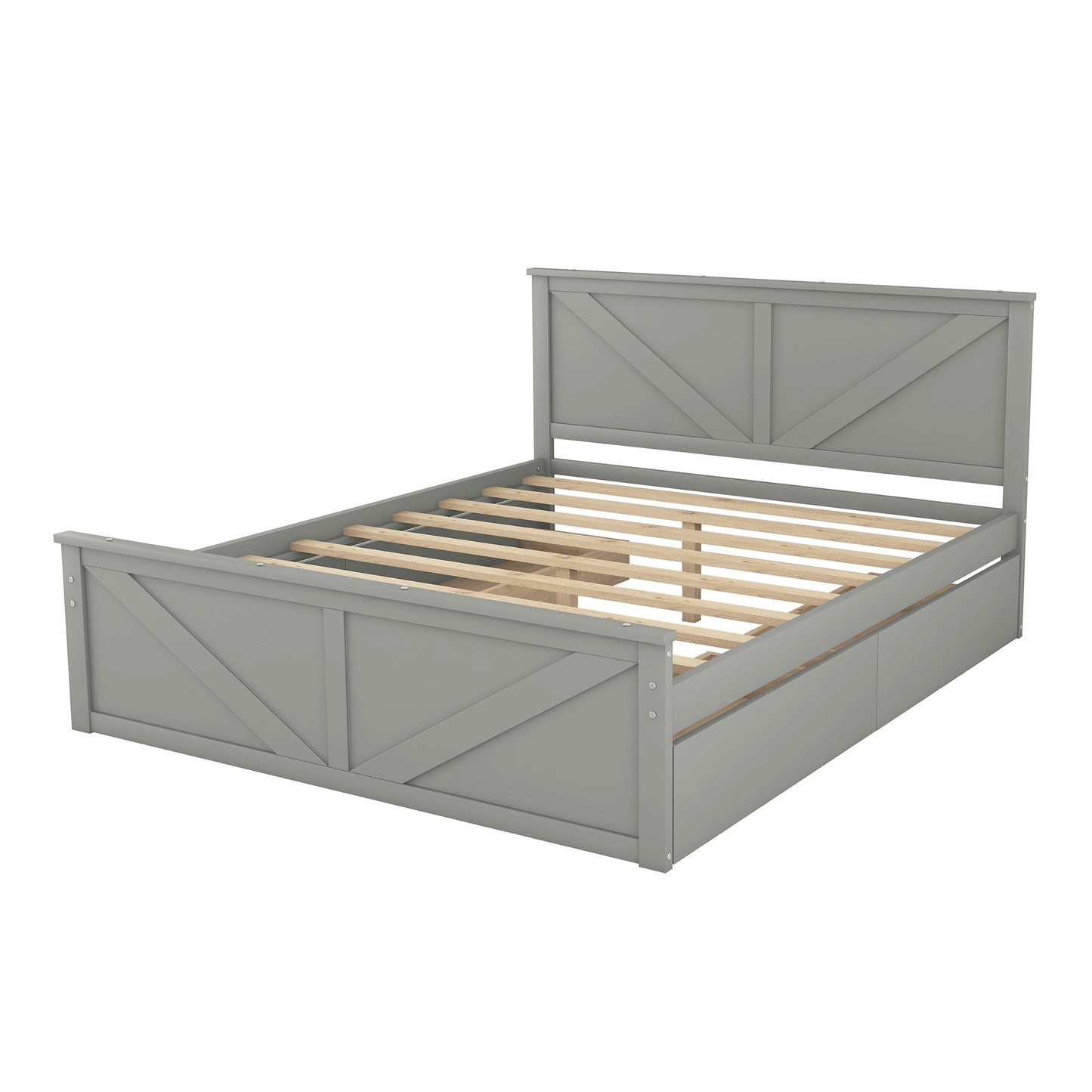 Queen Size Wooden Platform Bed with Four Storage Drawers and Support Legs, Gray