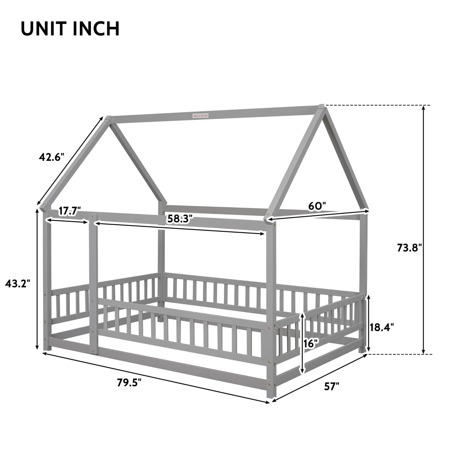 Full Size Floor Wooden Bed with House Roof Frame, Fence Guardrails ,Grey