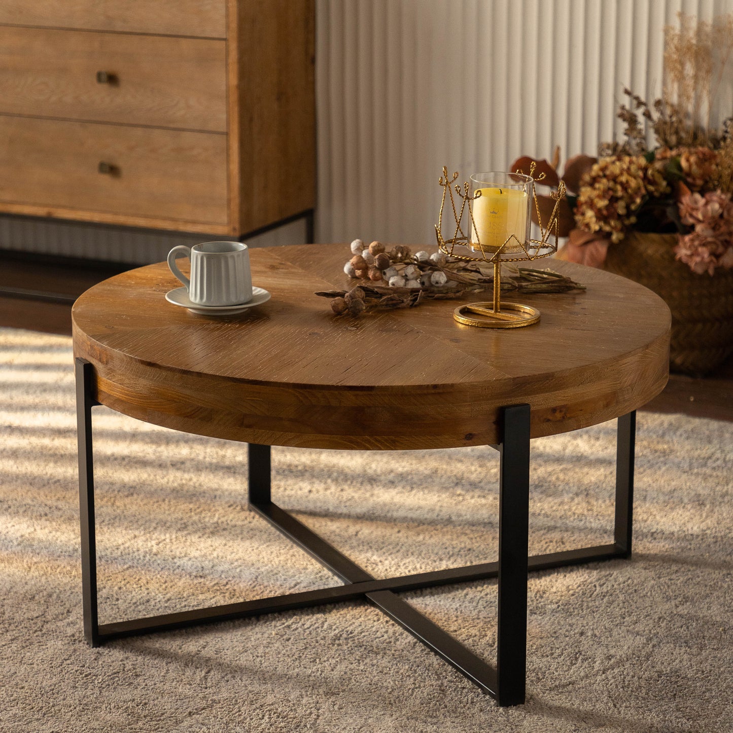 Modern Retro Fir Wood Round Coffee Table with Black Cross Legs Base