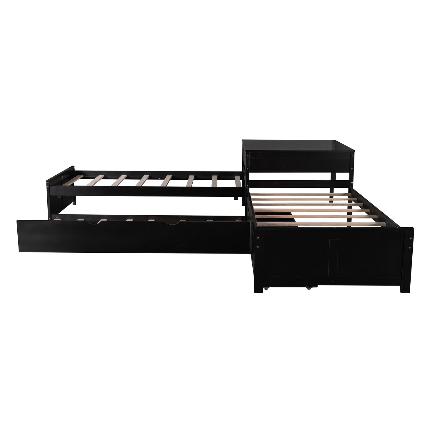 L-shaped Platform Bed with Trundle and Drawers Linked with built-in Desk,Twin,Espresso