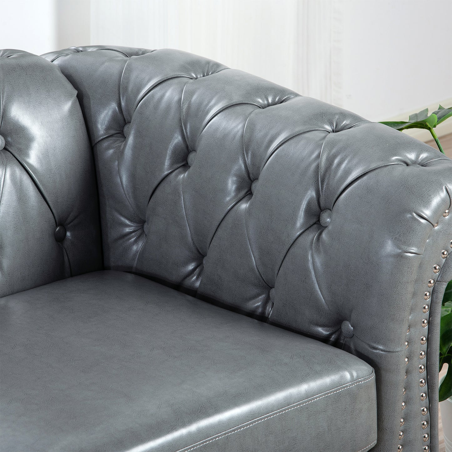 84.65 Inch 3-Seater Rolled Arm Chesterfield Sofa with Deep Buckles and PU Leather Fabric