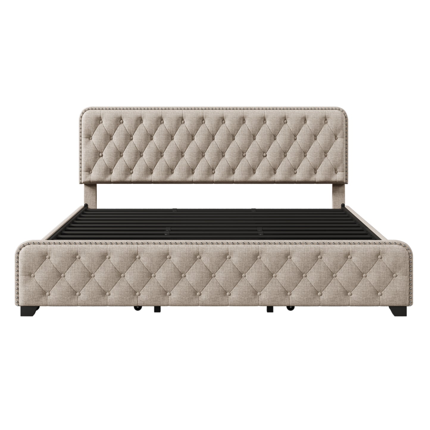 Upholstered Platform Bed Frame with Four Drawers, Button Tufted Headboard and Footboard Sturdy Metal Support, No Box Spring Required, Beige, King (Old sku:BS300277AAA)