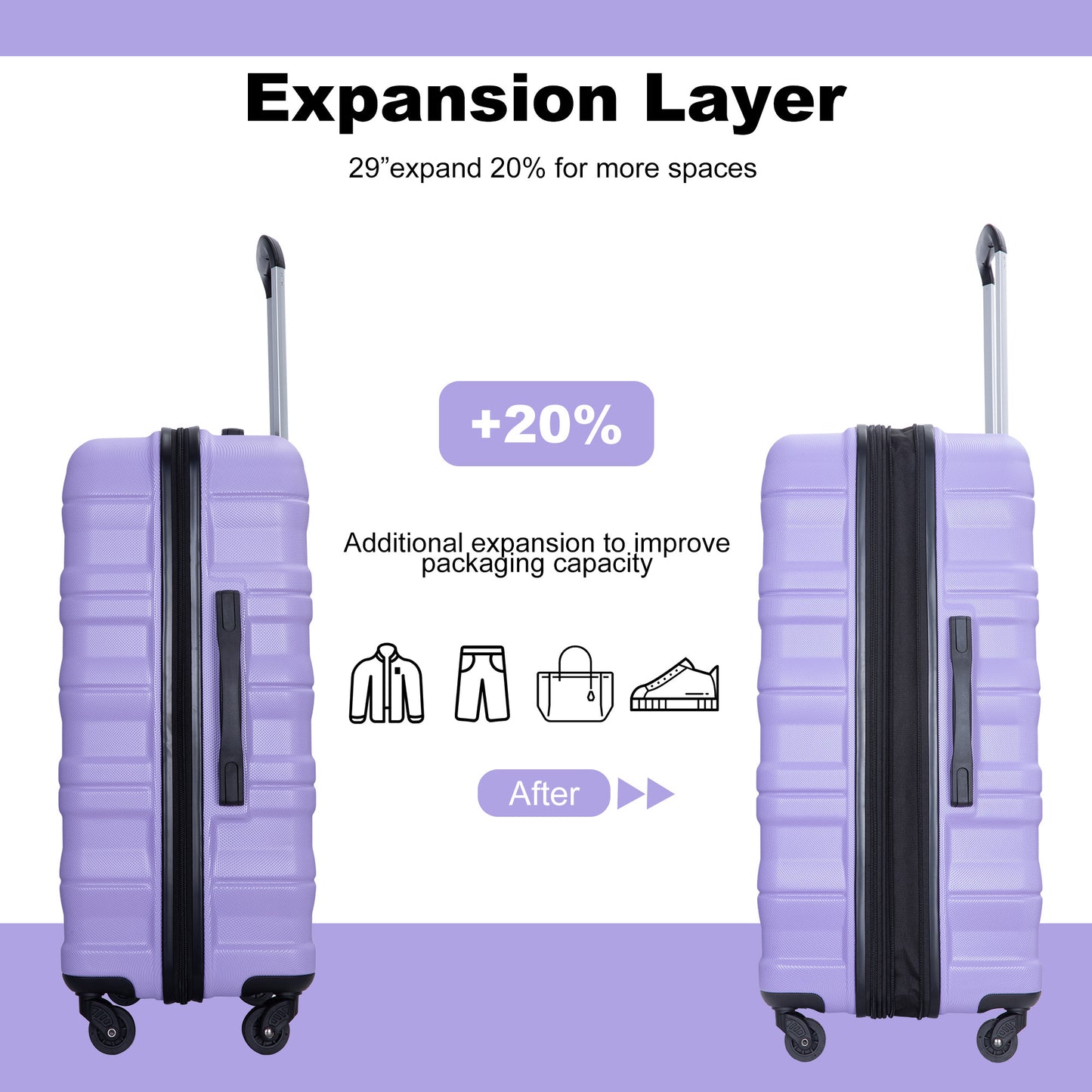 Expandable 3 Piece Luggage Sets PC Lightweight & Durable Suitcase with Two Hooks, Spinner Wheels, TSA Lock, (21/25/29) Purple