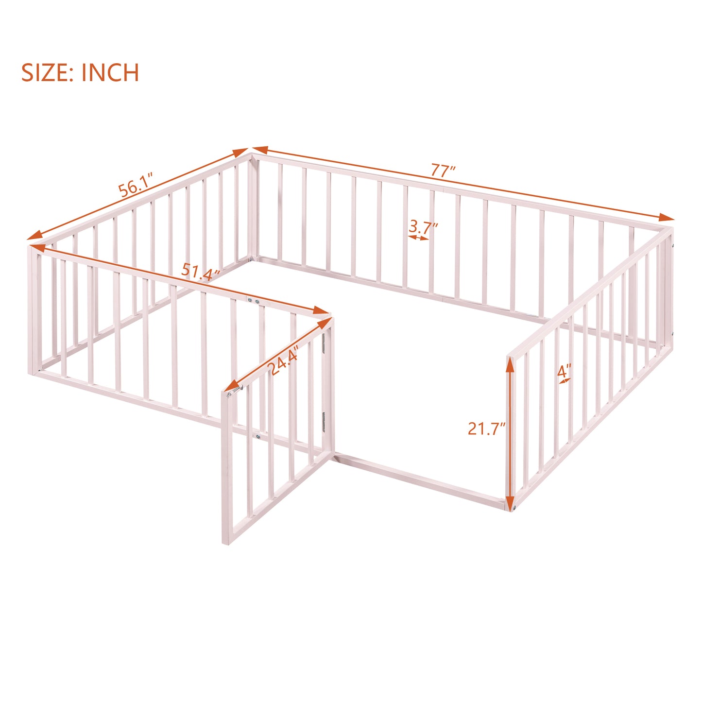 Full Size Metal Floor Bed Frame with Fence and Door, Pink