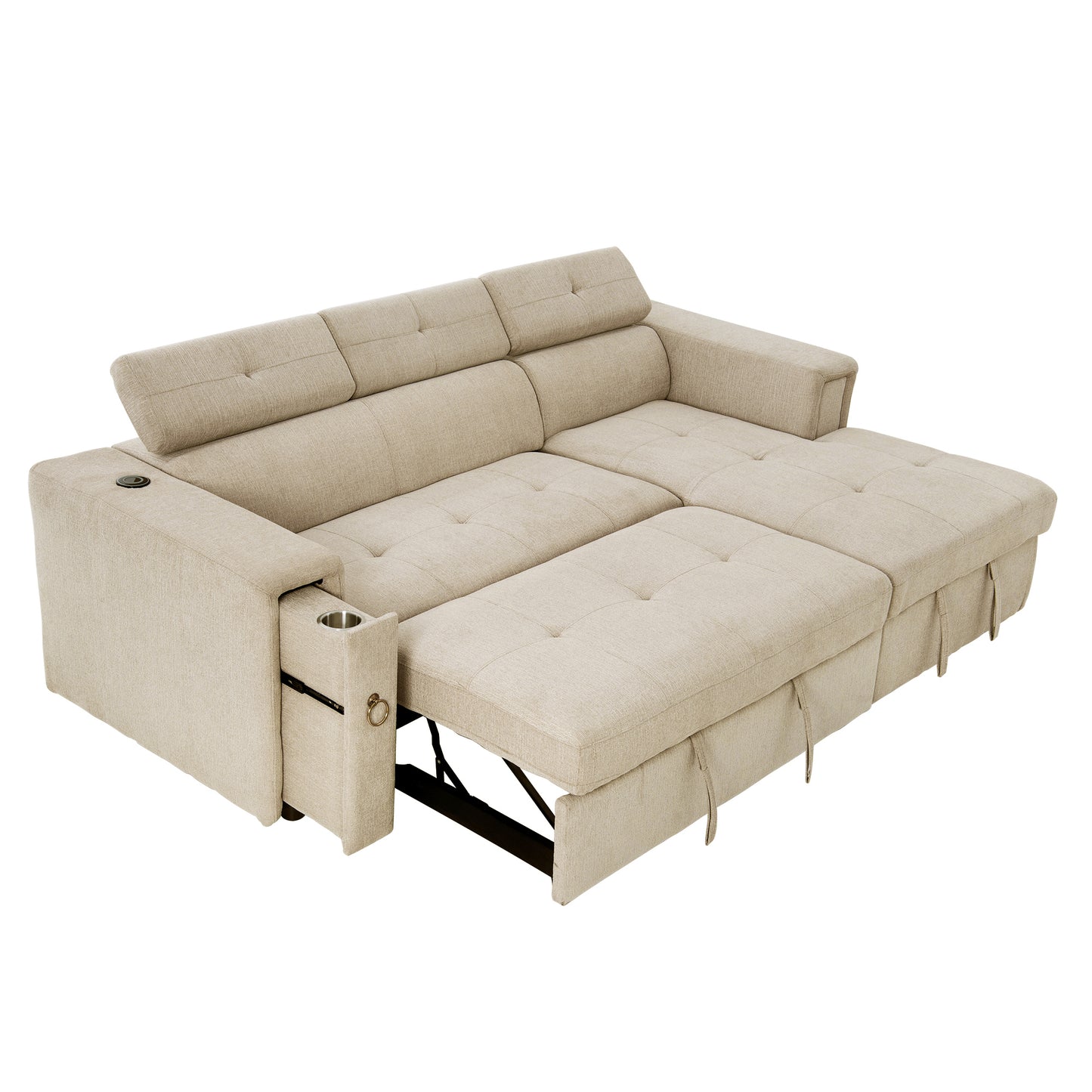 L-Shaped Sectional Sofa with Hidden Storage, Adjustable Headrest, Wireless Charging, and Cup Holders