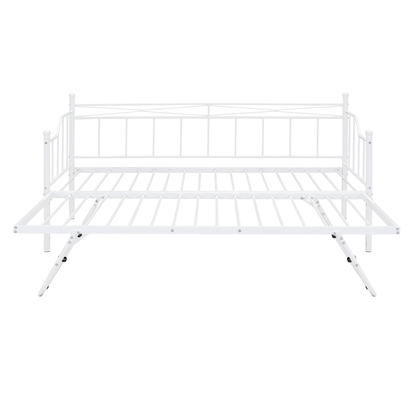 Twin Size Metal Daybed with Twin Size Adjustable Trundle, Portable Folding Trundle, White