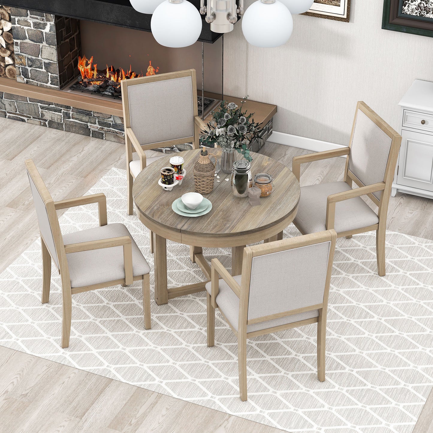 TREXM 5-Piece Dining Table Set, Two-Size Round To Oval Extendable Butterfly Leaf Wood Dining Table and 4 Upholstered Dining Chairs with Armrests (Natural Wood Wash)