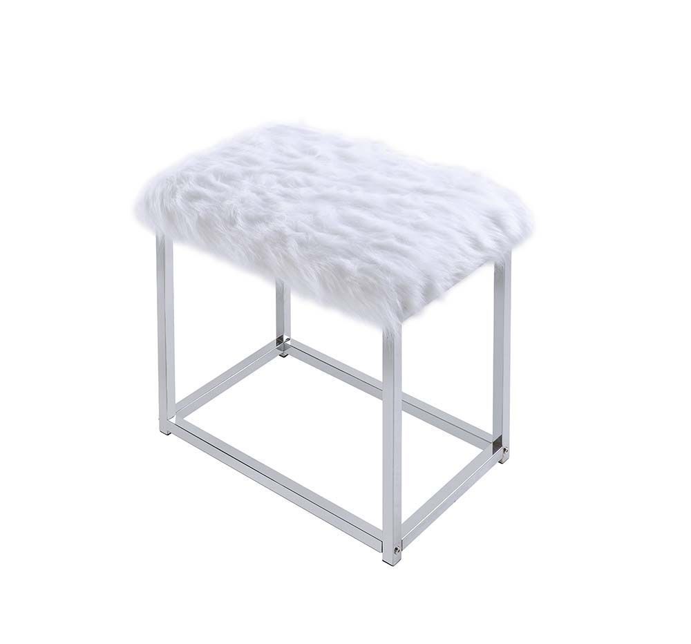 Adao Vanity Mirror & Stool, Faux Fur, Mirror, White & Chrome Finish AC00935