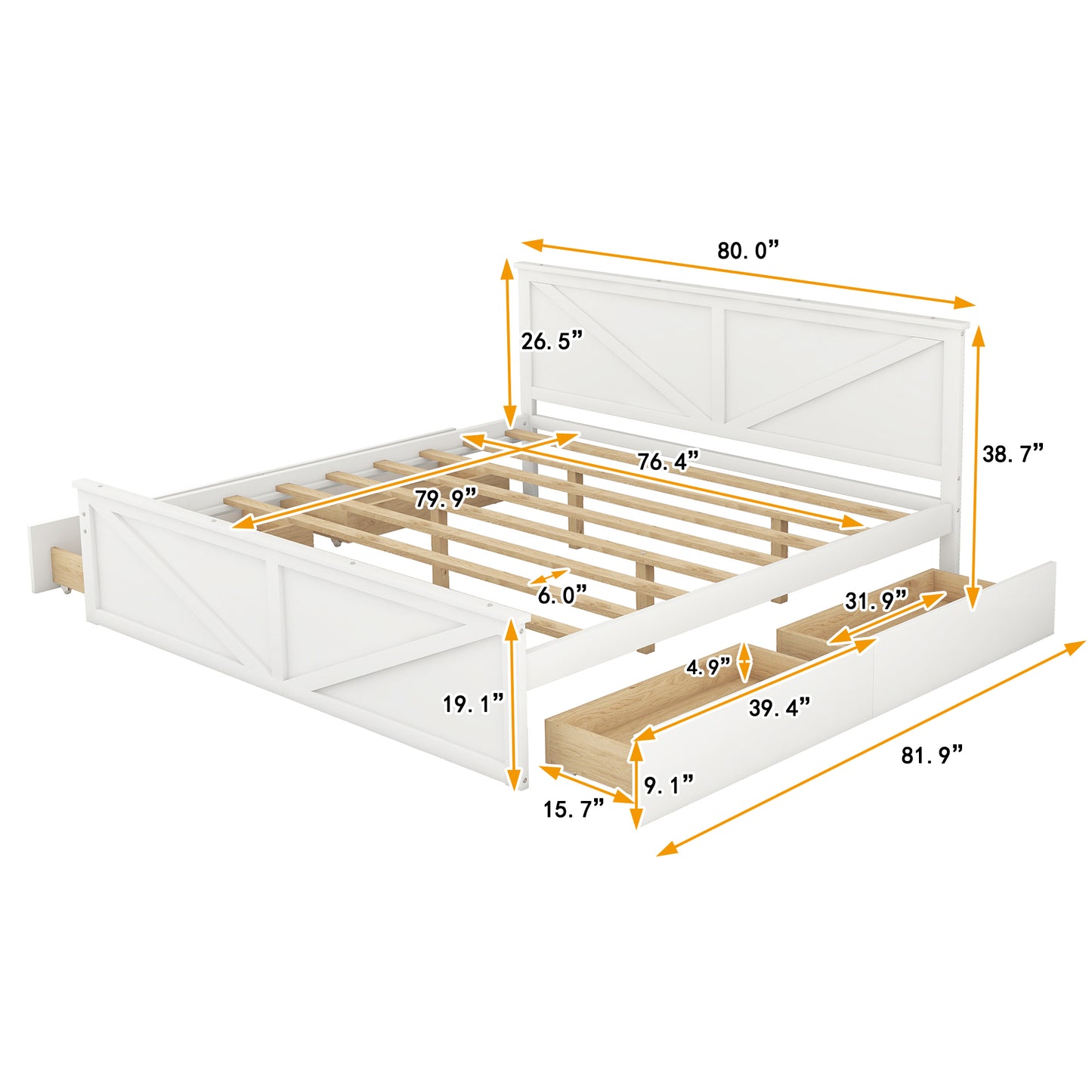 King Size Wooden Platform Bed with Four Storage Drawers and Support Legs, White