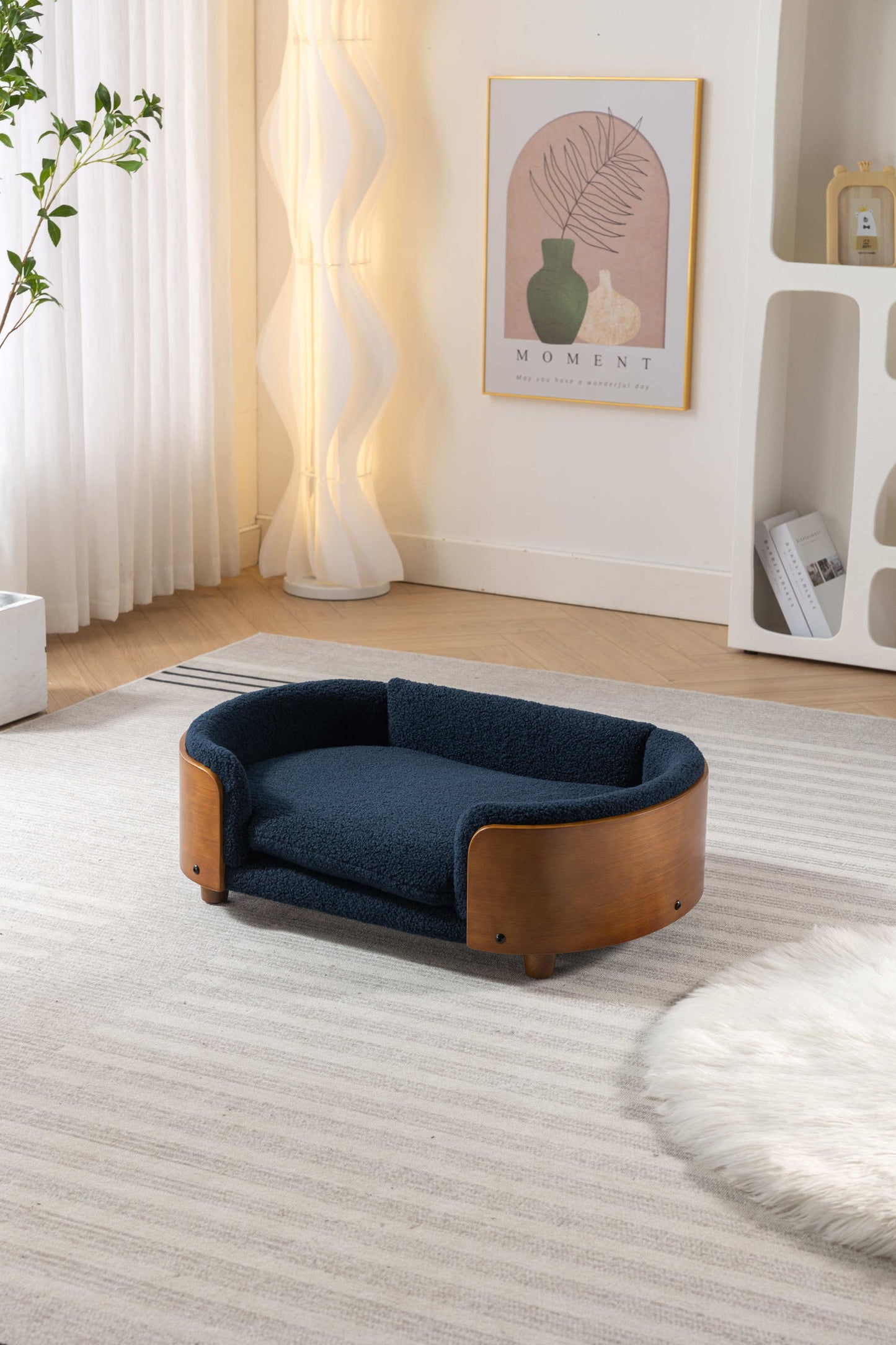 Scandinavian style Elevated Dog Bed Pet Sofa With Solid Wood legs and Walnut Bent Wood Back, Cashmere Cushion,Mid Size