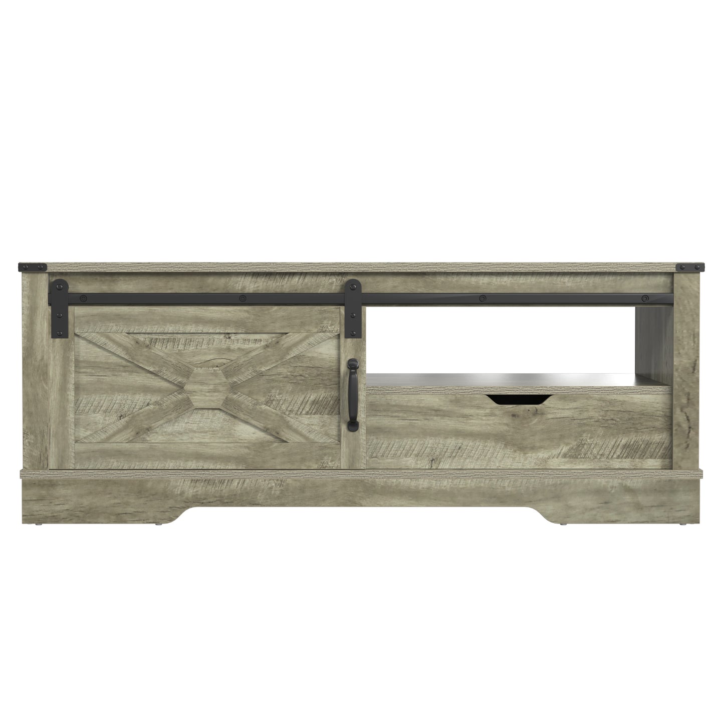 Farmhouse Sliding Barn Door Coffee Table with Storage Compartment - Light Gray