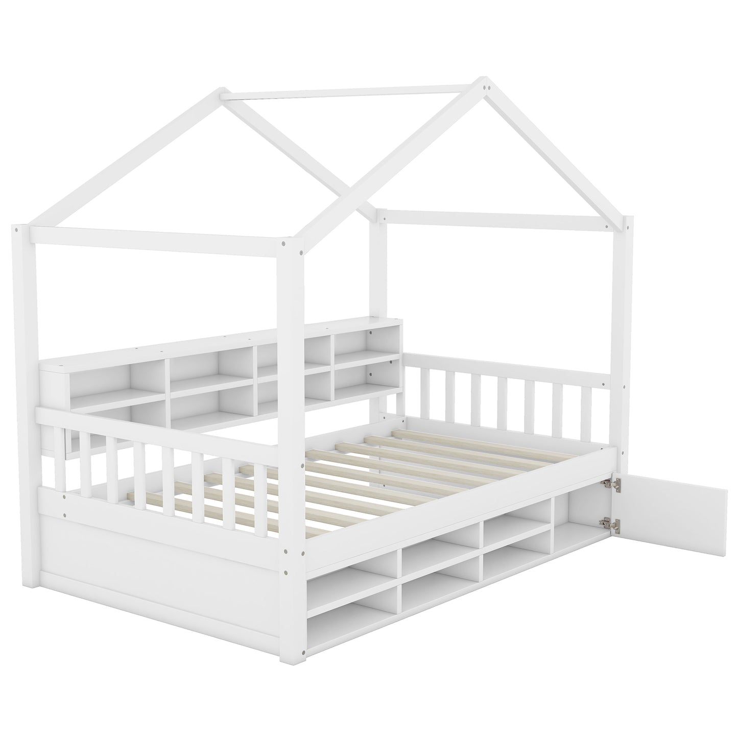 Twin Size Wooden House Bed with Shelves and a Mini-cabinet, White