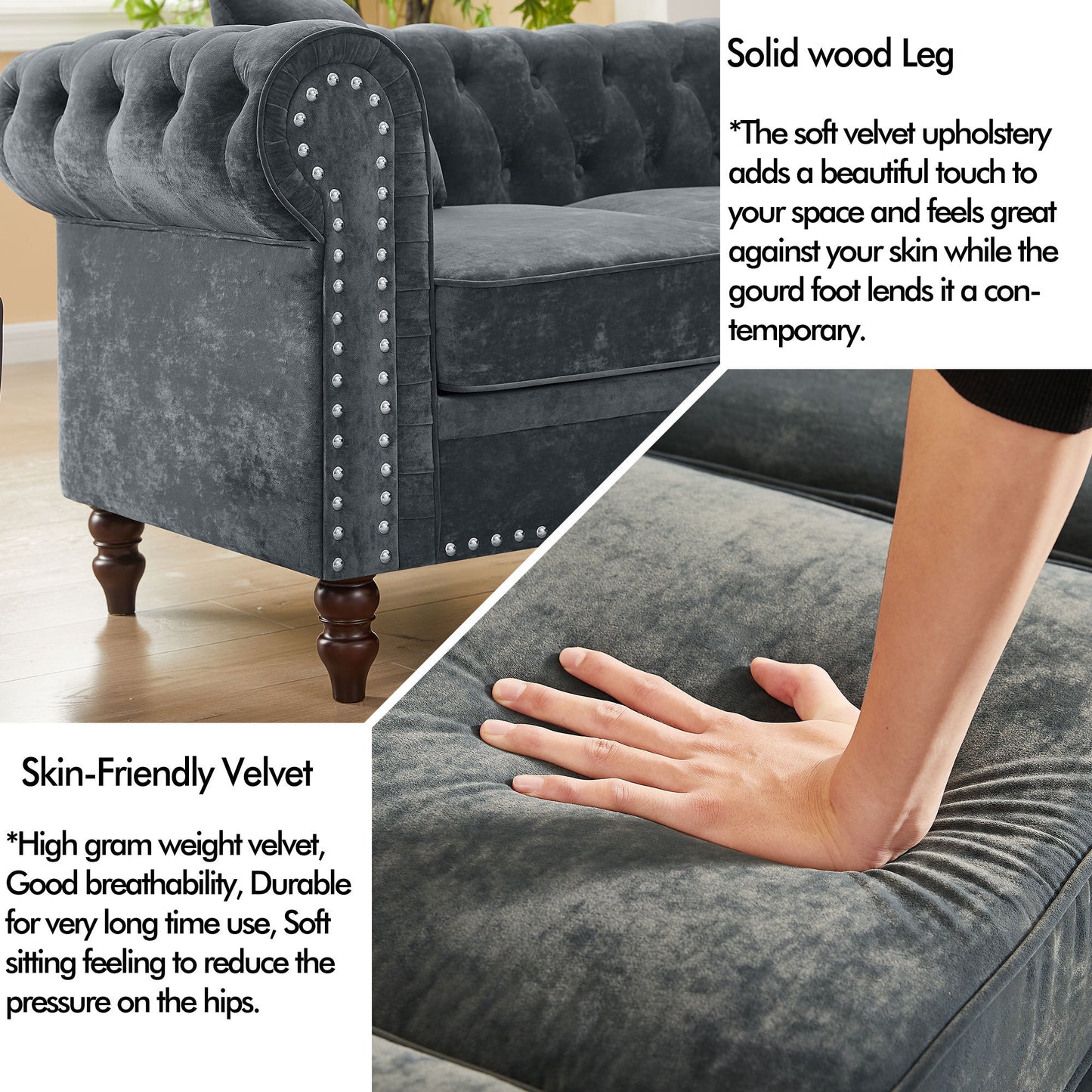 MH 80 Deep Button Tufted Upholstered Grey Velvet L-shaped Sofa with 3 Pillows and Solid Wood Gourd Legs